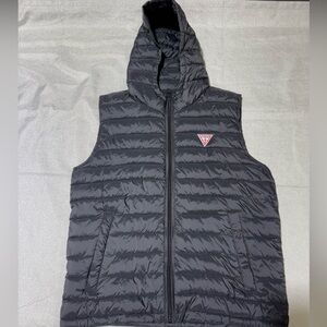 Guess Puffer Vest Men's Hooded Zip Front Black Medium Vintage Y2K Streetwear